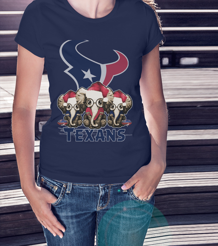 Elephants In Christmas Hats With Houston Texans T-Shirt