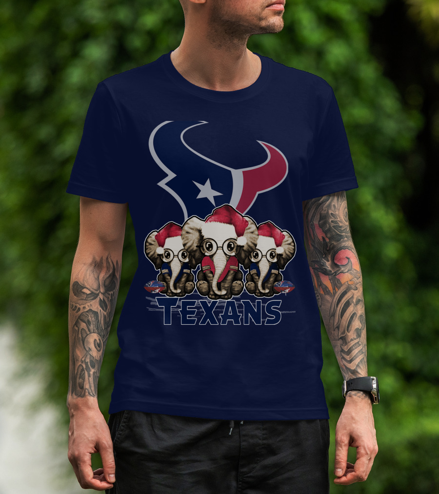 Elephants In Christmas Hats With Houston Texans T-Shirt