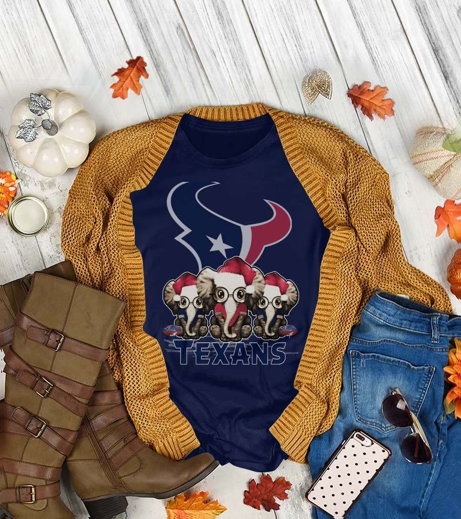 Elephants In Christmas Hats With Houston Texans T-Shirt