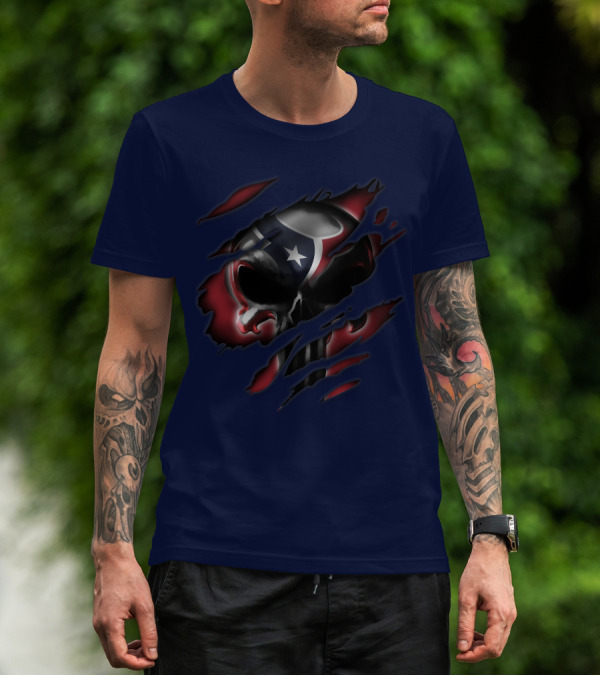 Houston Texans 68 Skull Logo Ripped T-Shirt