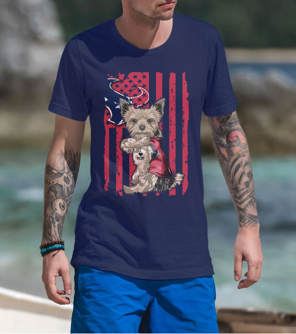 Yorkshire Terrier I Love Mom Houston Texans American Flag T-Shirt