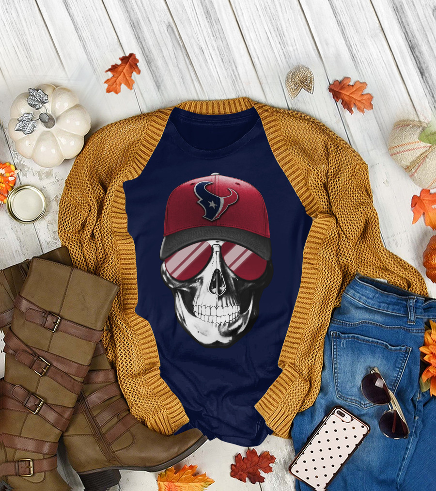 Skull with Houston Texans Logo Hat and Reflective Sunglasses T-Shirt