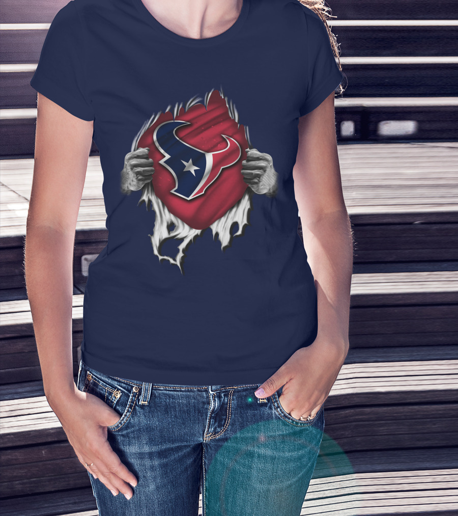 Torn Houston Texans Emblem Revealed Through Superhero Rip Effect T-Shirt