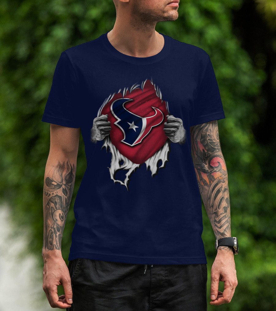 Torn Houston Texans Emblem Revealed Through Superhero Rip Effect T-Shirt