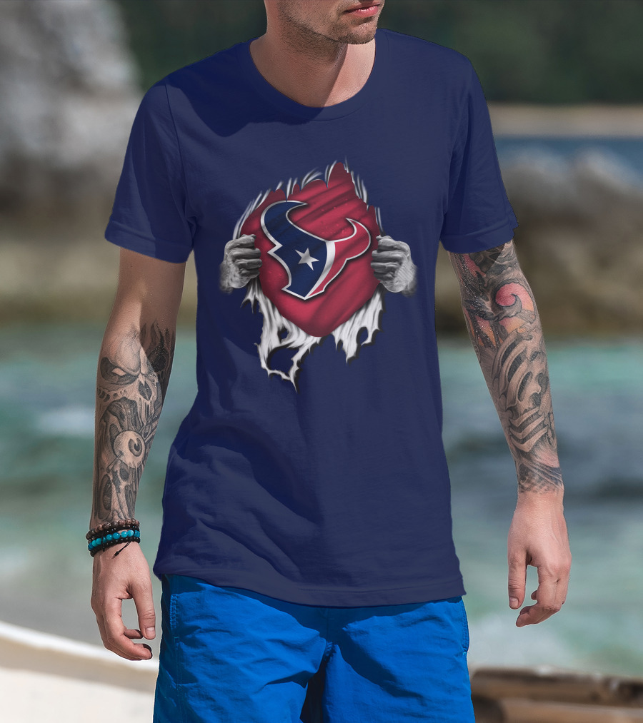 Torn Houston Texans Emblem Revealed Through Superhero Rip Effect T-Shirt