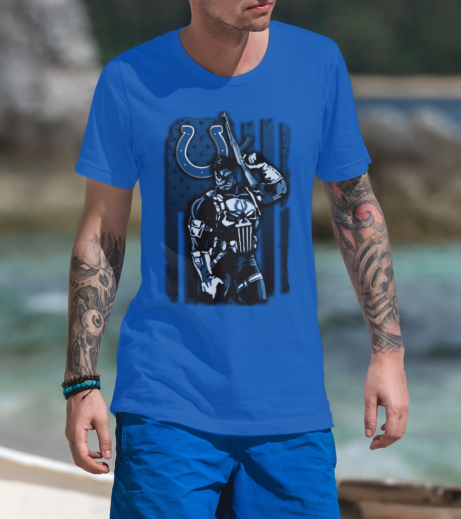 Indianapolis Colts Punisher Nfl Crossover 26 Blue Flag T-Shirt