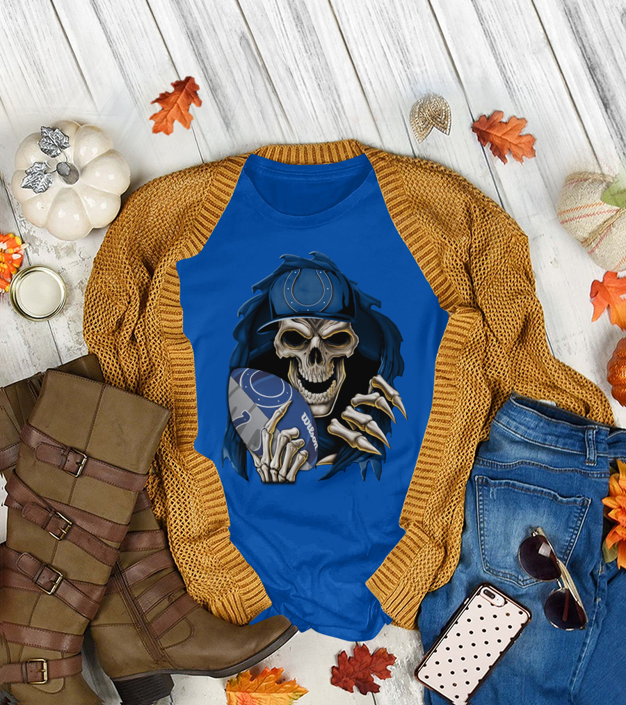 Skullbong Indianapolis Colts Skeleton Holding Football T-Shirt