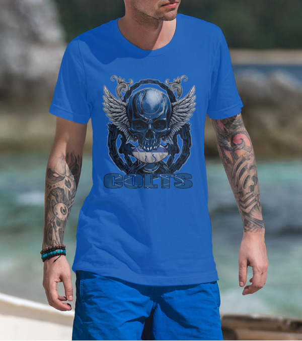 Colts Skullfb Winged Blue Skull Design For Indianapolis Colts Fans T-Shirt