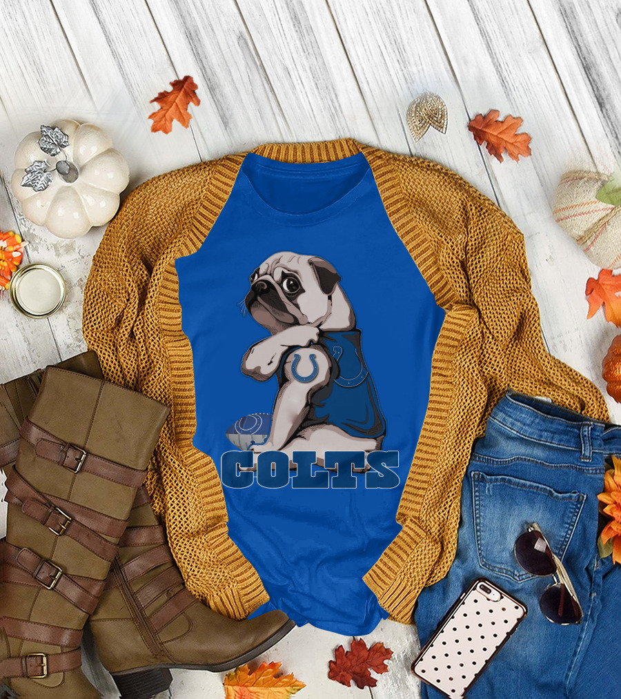 Pug Colts Fan with Blue Football Gear T-Shirt