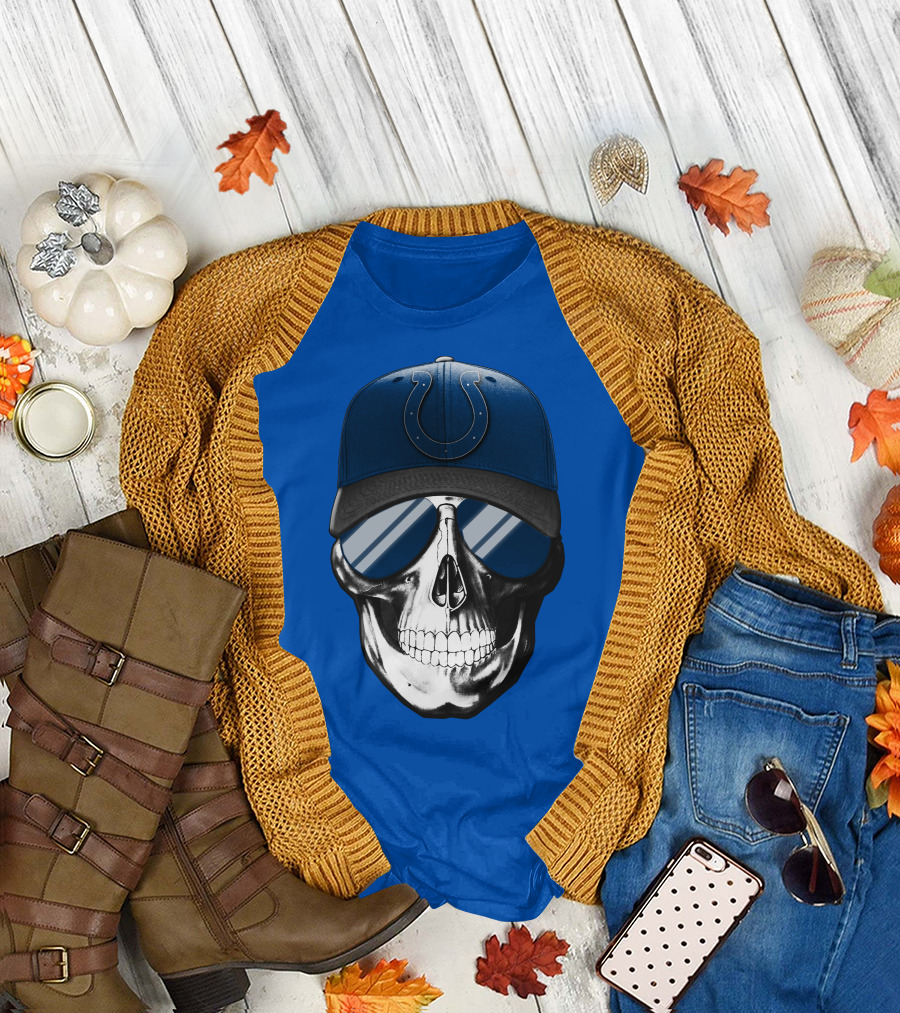 Skull Wearing Indianapolis Colts Cap with Sunglasses T-Shirt
