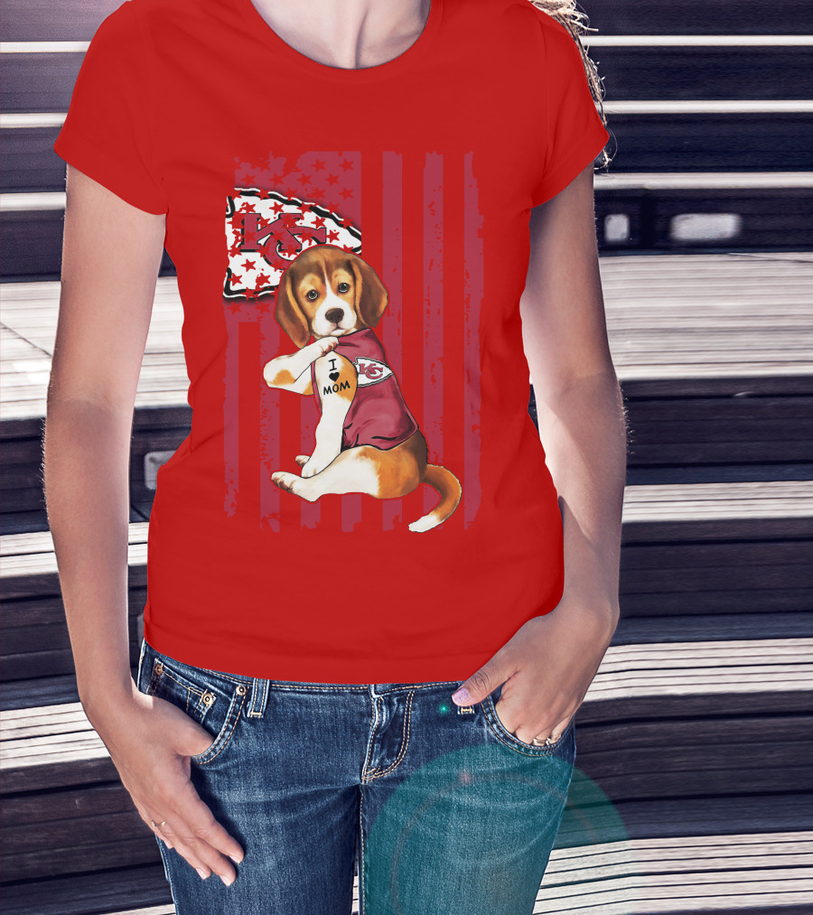 Beagle I Love Mom Kansas City Chiefs Fan Tattoo Football American Flag T-Shirt
