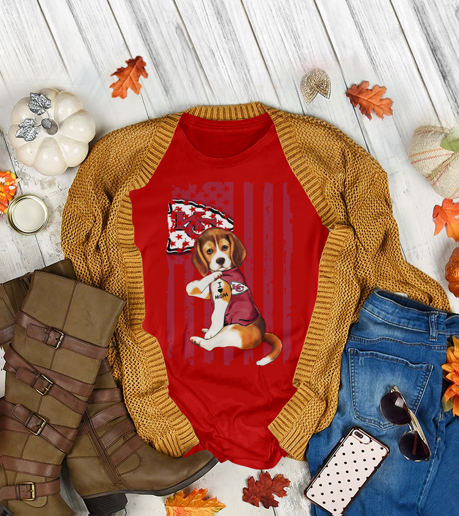 Beagle I Love Mom Kansas City Chiefs Fan Tattoo Football American Flag T-Shirt