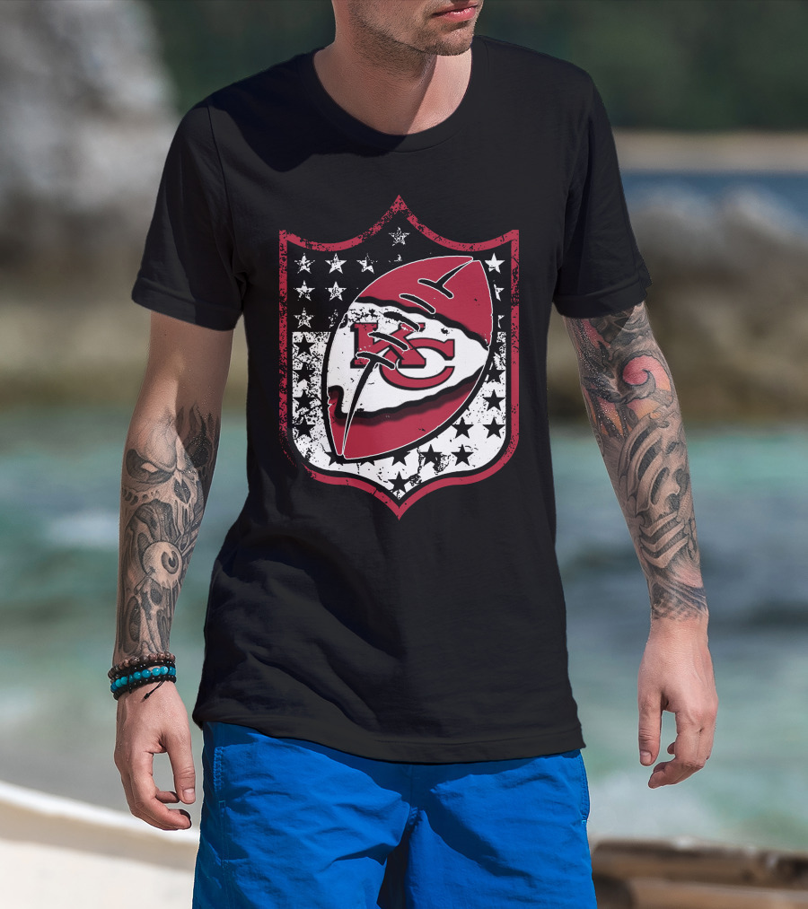 Kansas City Chiefs 72 Nfl Football Shield Logo With Stars And Football Motif T-Shirt