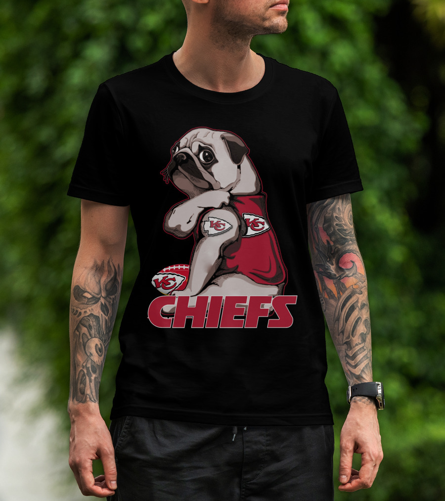 Pug Wearing Kansas City Chiefs Jersey With Football T-Shirt