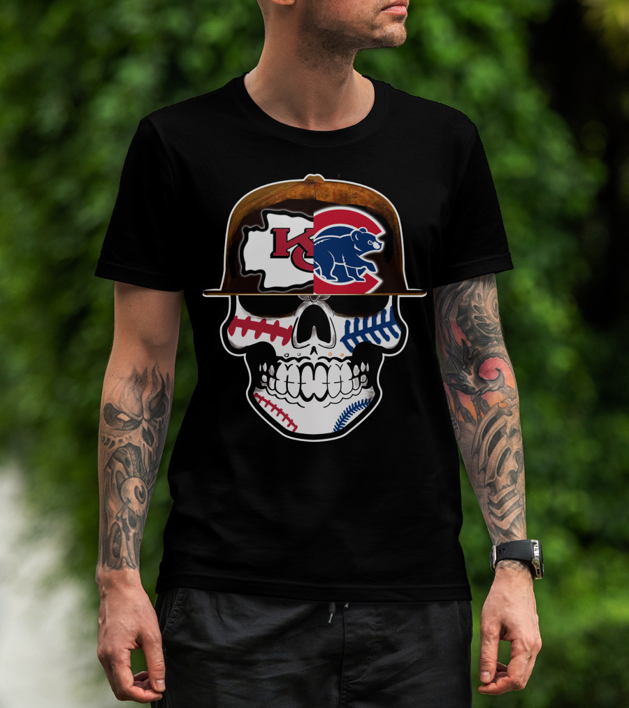 Kansas City Chiefs Chicago Cubs Skull Baseball Football Fusion T-Shirt