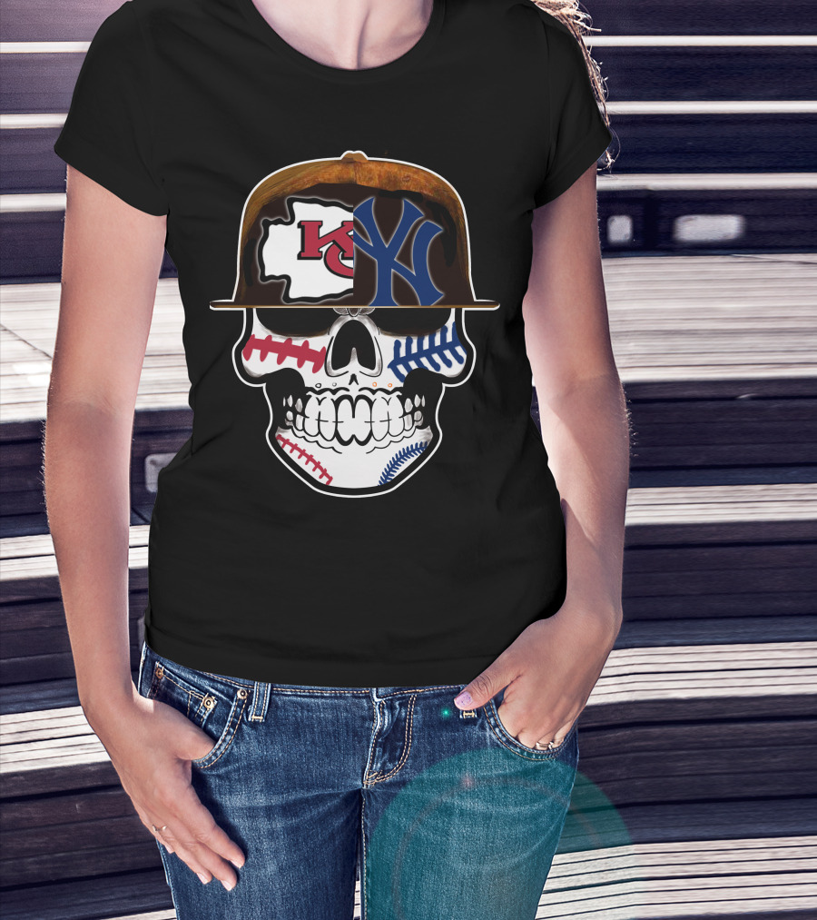 Kansas City Chiefs New York Yankees Skull Baseball Hat T-Shirt