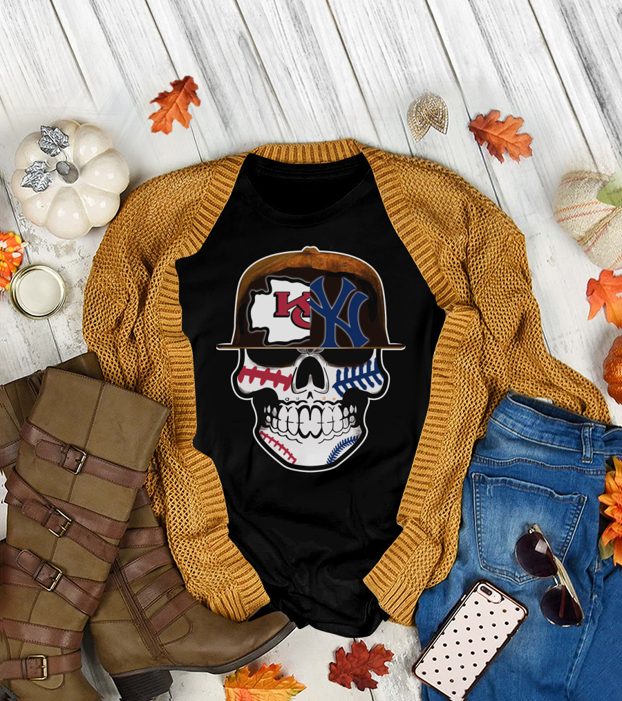 Kansas City Chiefs New York Yankees Skull Baseball Hat T-Shirt