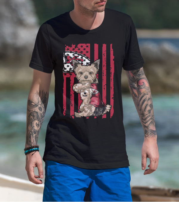 Yorkshire Terrier I Love Mom Kansas City Chiefs American Flag T-Shirt