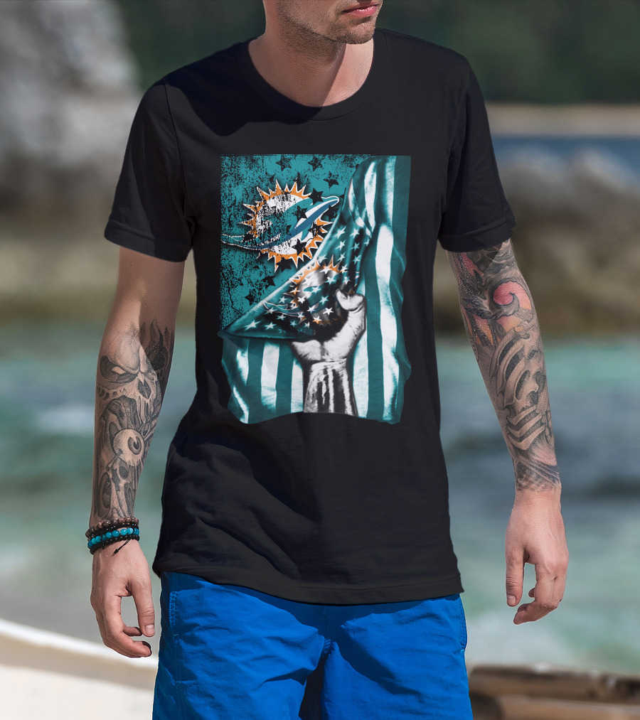 Flag V1 Miami Dolphins Stars And Stripes Fist T-Shirt