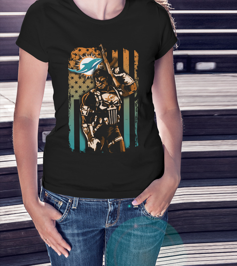 Miami Dolphins 48 Punisher Stars Stripes Crossover T-Shirt