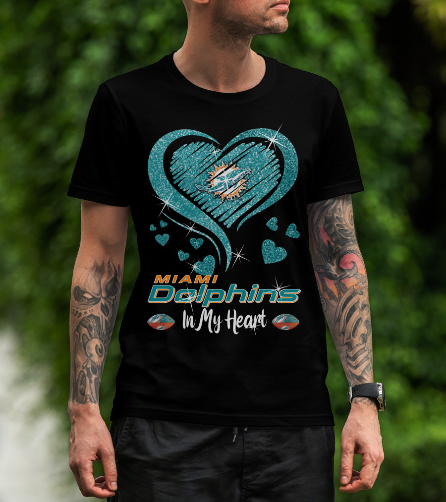 Miami Dolphins In My Heart Sparkling Teal Design With Logo And Hearts T-Shirt