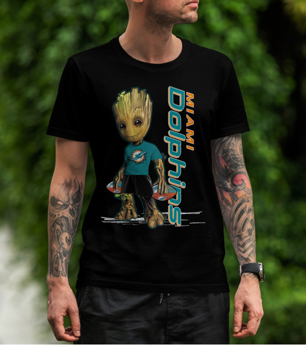 Groot Miami Dolphins NFL Fan Art Featuring Team Mascot T-Shirt