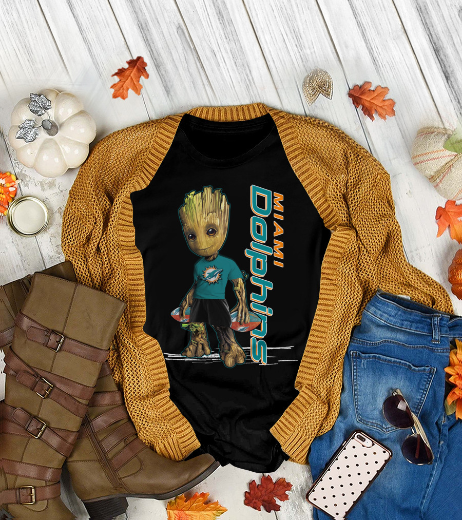 Groot Miami Dolphins NFL Fan Art Featuring Team Mascot T-Shirt