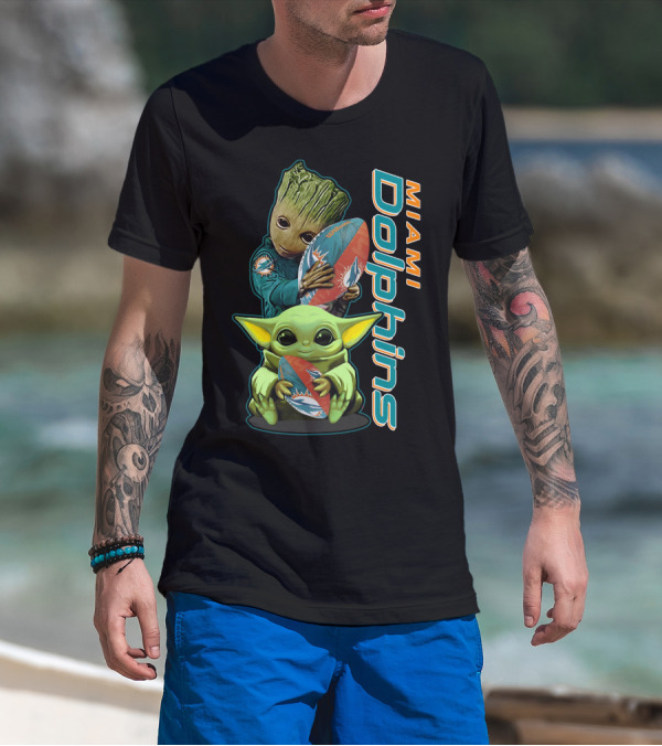 Grzd Miami Dolphins Groot And Baby Yoda Football T-Shirt