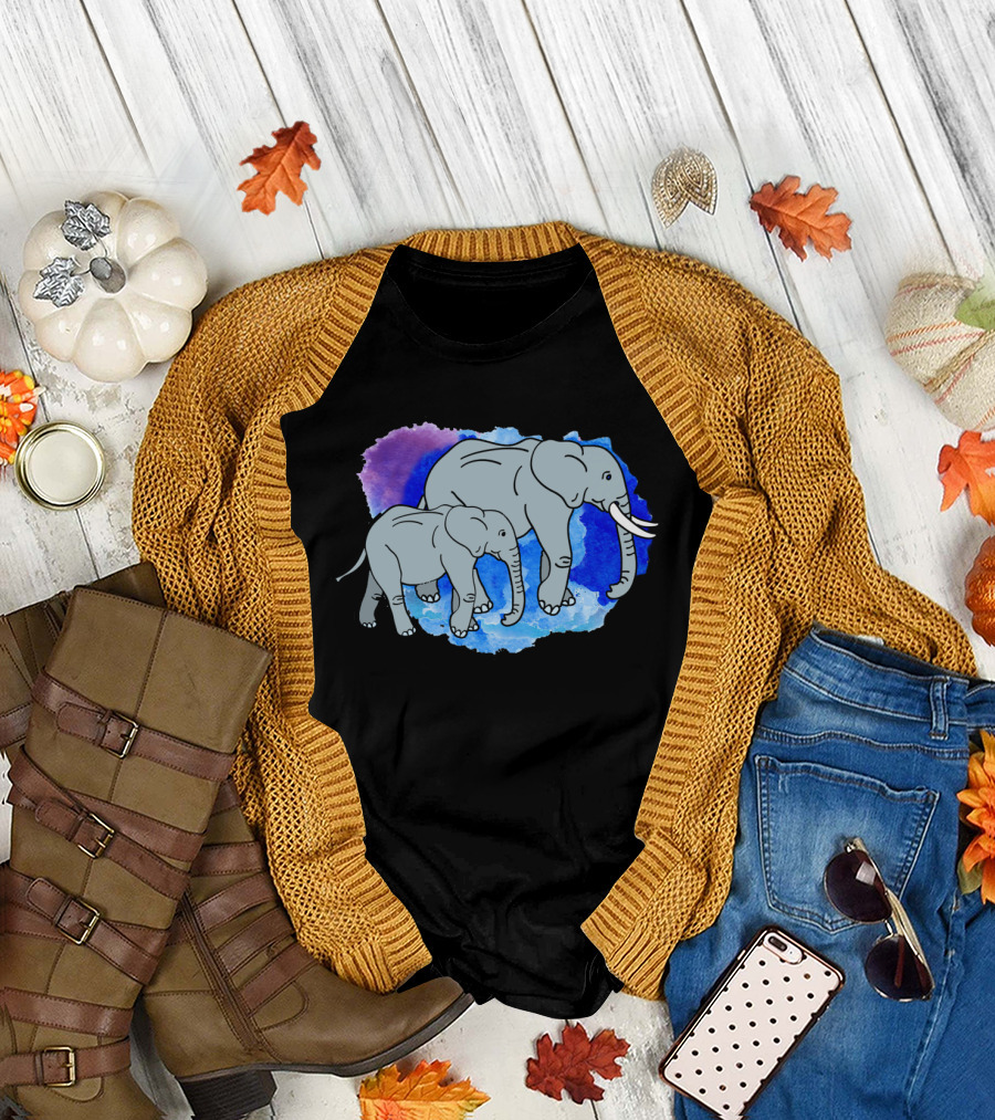 Elephant Mother and Child Watercolor Art with Blue and Purple Background T-Shirt