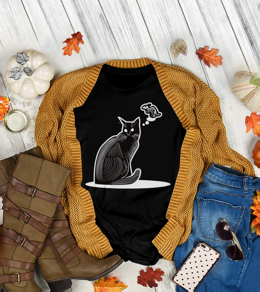 Cat Contemplating Grim Reaper in 'Paws for Death' T-Shirt