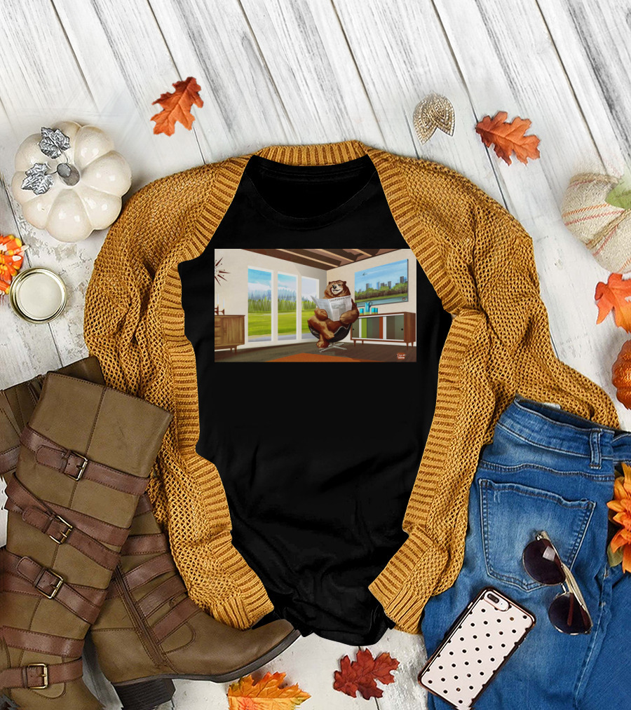 California Modern Bear in Mid-Century Lounge with Skyline Views T-Shirt