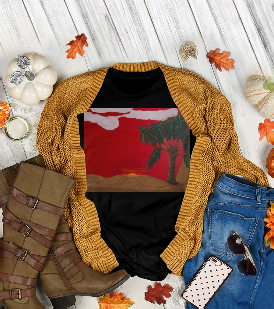 Saharan Sunrise with Palm Tree and Red Sky T-Shirt