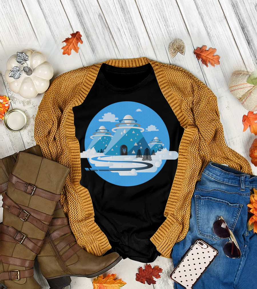 Hidden Landscape: Blue Geometric Mountains with Ringed Hills and Clouds T-Shirt