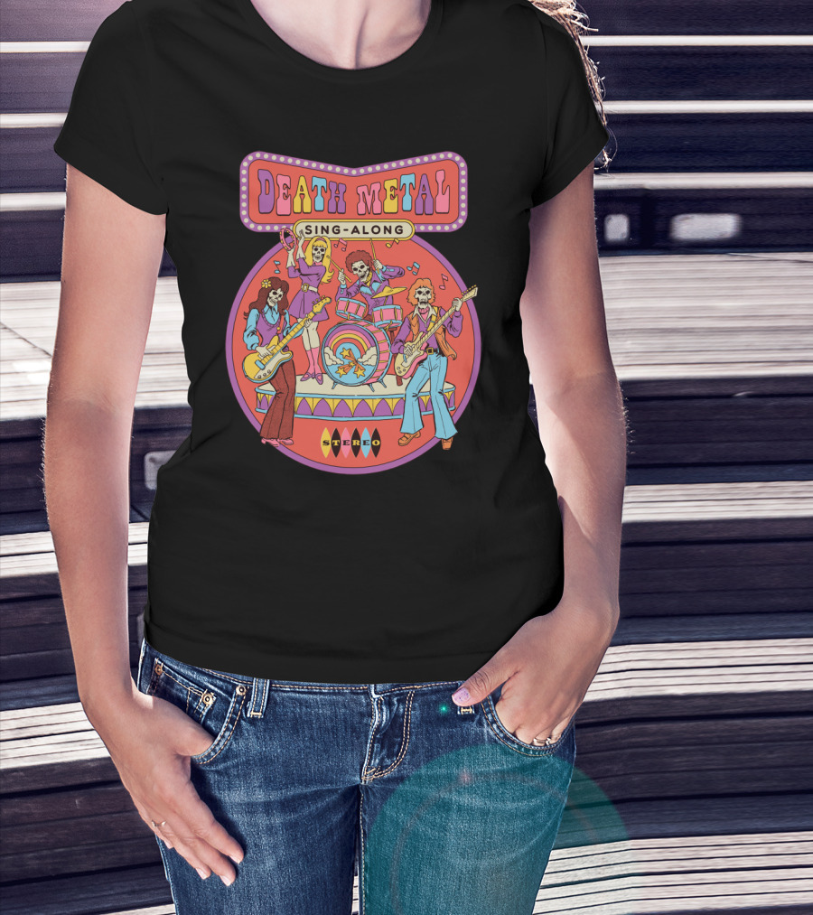 Death Metal Sing Along Retro Skeleton Rock Band Stereo Music T-Shirt