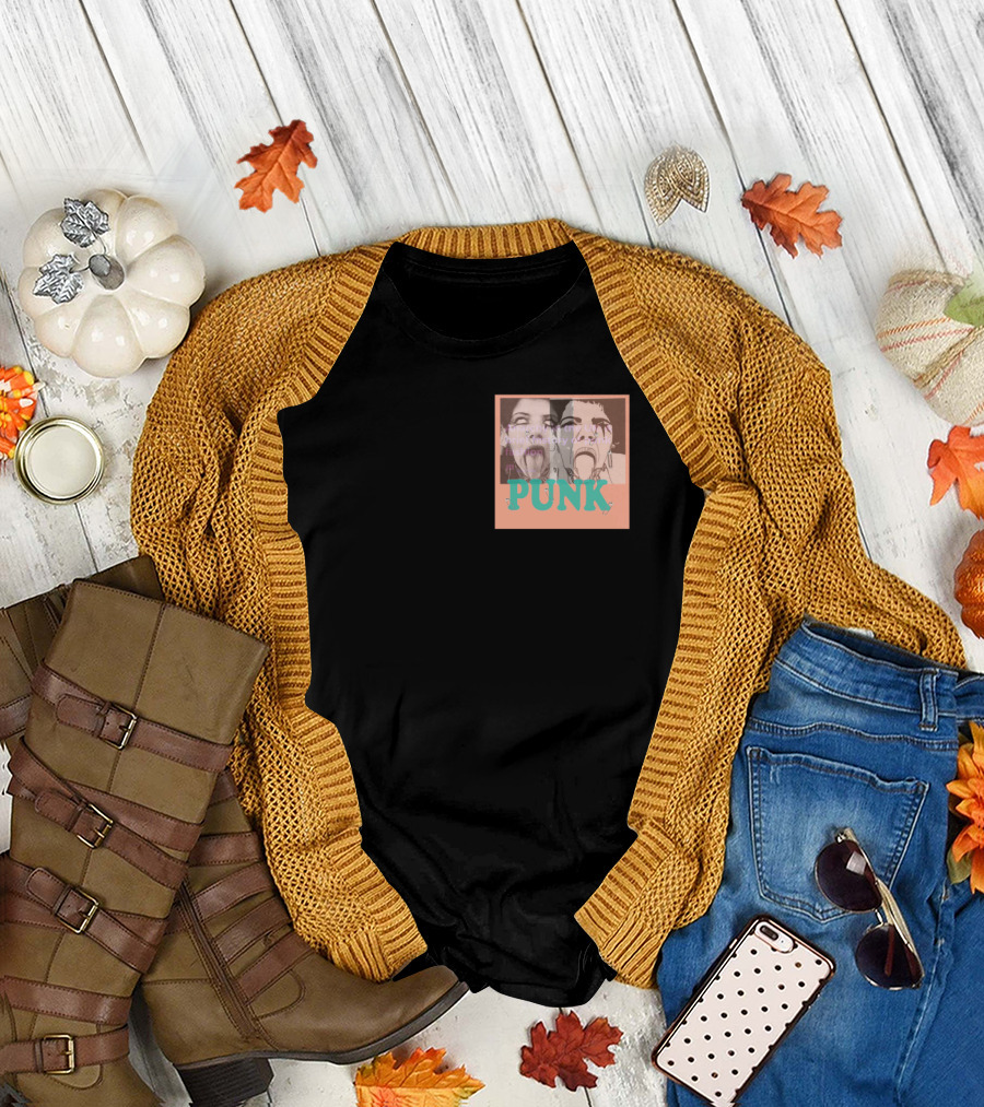 Peachy Double Portrait with Punk Text in Bold Turquoise T-Shirt