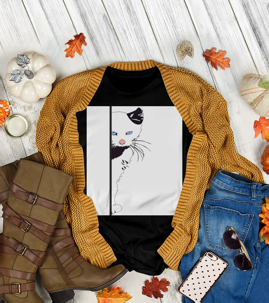 Punk Cat Illustration with Black and White Design and Blue Eyes T-Shirt