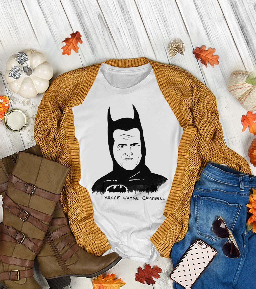 Batman Bruce Wayne Campbell Parody Image with Bat Symbol and Mask T-Shirt