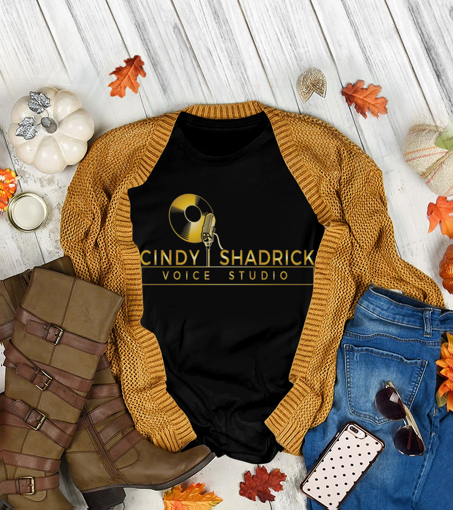 Cindy Shadrick Voice Studio Microphone and Vinyl Record Gold T-Shirt
