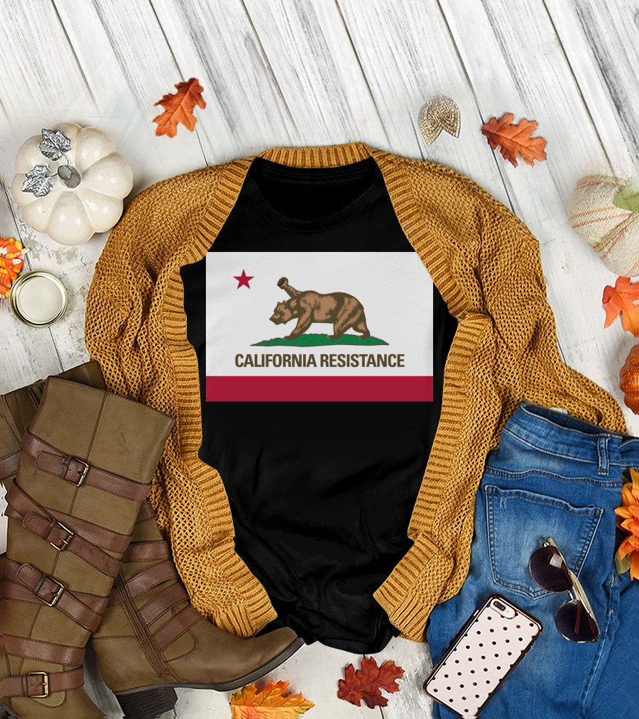California Resistance Flag Design with Bear and Star Iconography T-Shirt