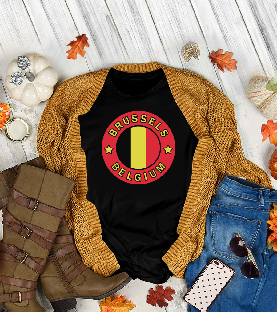 Brussels Belgium Circle Emblem with Belgian Flag and Stars T-Shirt