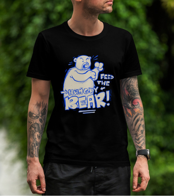 Feed The Hungry Bear Comic Style Illustration With Bold Text And Playful Color Accents T-Shirt