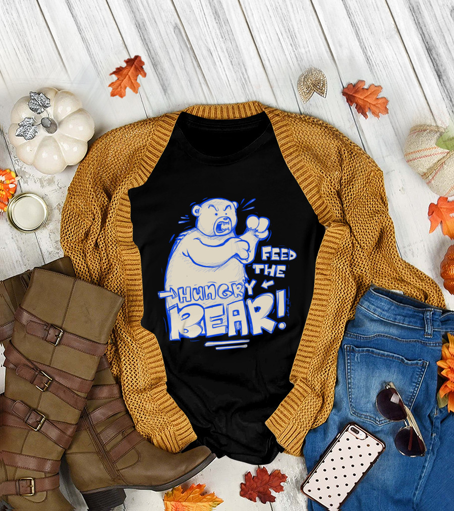 Feed the Hungry Bear Comic Style Illustration with Bold Text and Playful Color Accents T-Shirt