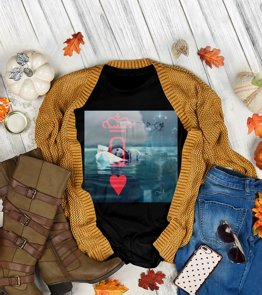 Surreal Water Dream with Unexpected Queen of Hearts in Futuristic Cityscape T-Shirt