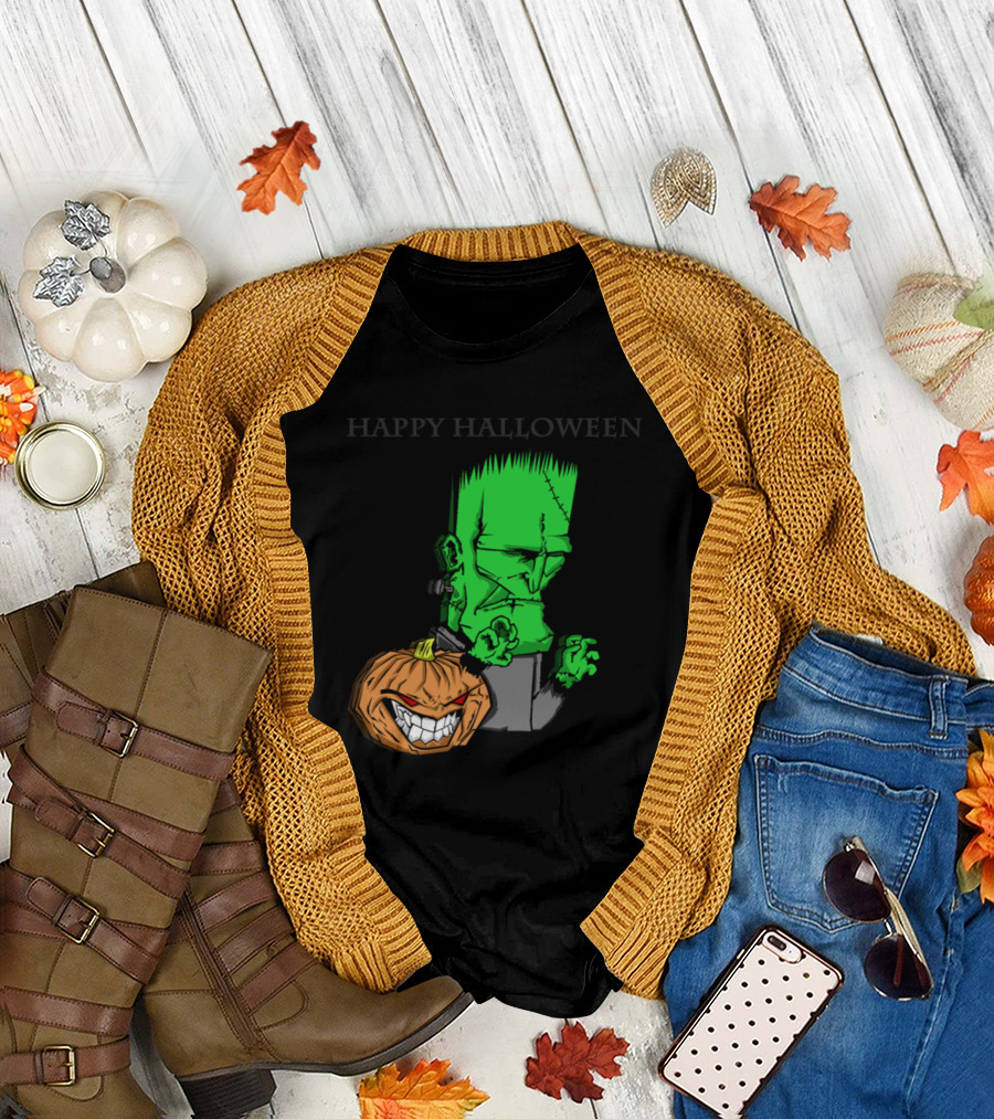 Frankenstein Green Monster with Creepy Grinning Pumpkin Happy Halloween T-Shirt