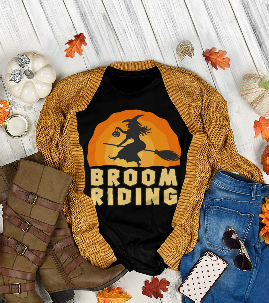 Broom Riding Witch Silhouette with Halloween Pumpkin T-Shirt
