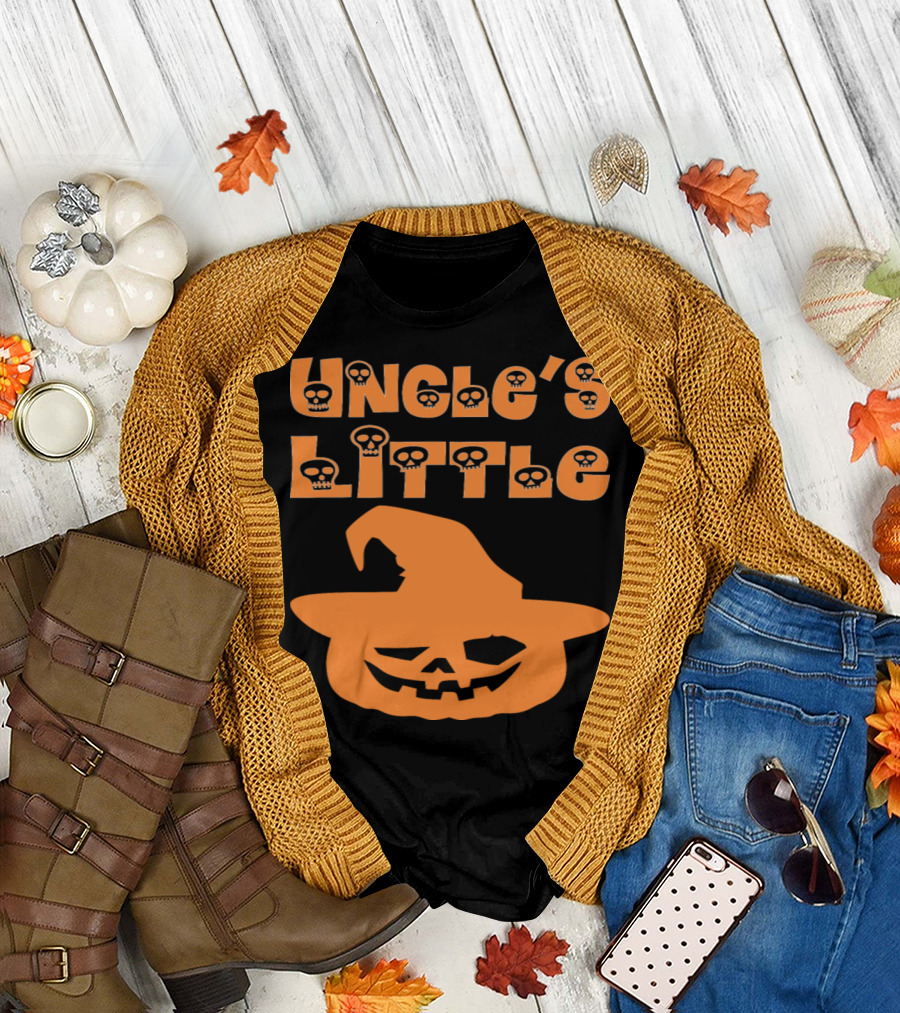 Uncle's Little Pumpkin Halloween Skull Lettering Jack-o'-Lantern Hat T-Shirt
