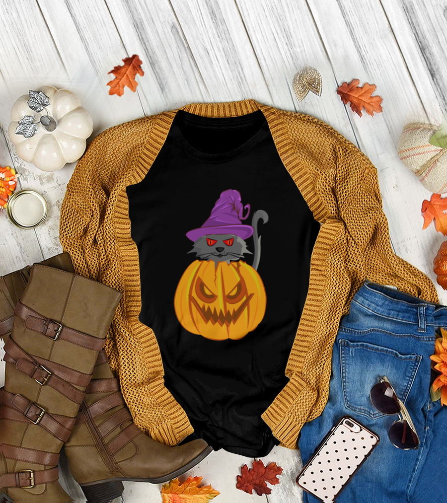 Halloween Pumpkin Cat with Witch Hat T-Shirt