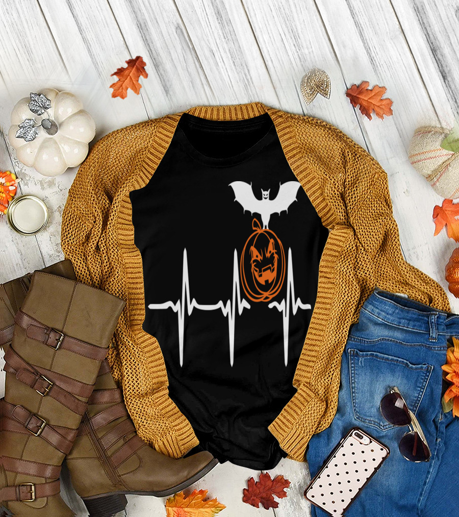 Heart Beat Halloween Pumpkin Bat T-Shirt