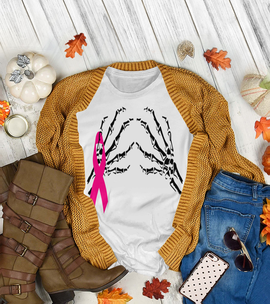 Breast Cancer Awareness Skeleton Hands Pink T-Shirt