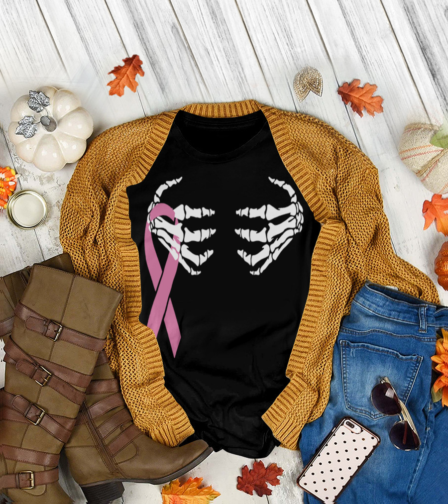 Skeleton Hand with Pink Ribbon Breast Cancer Awareness T-Shirt